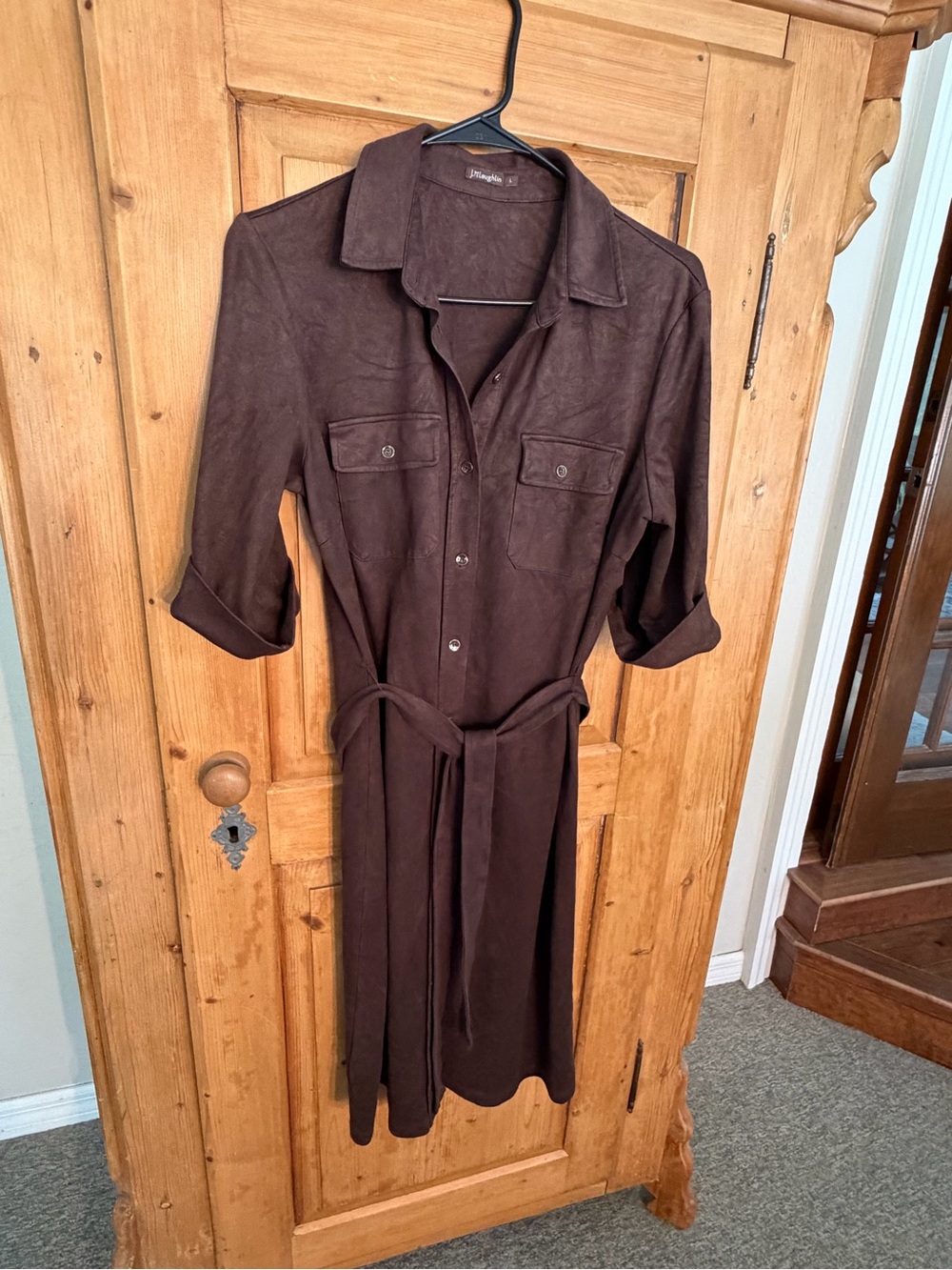 J McLaughlin Brown Ultrasuede Midi Dress w/Waist Tie Sz Large